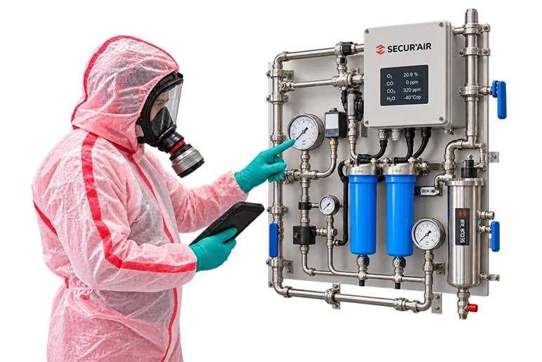 Opérateur équipé d’un appareil de protection respiratoire à adduction d’air près d’une installation industrielle
